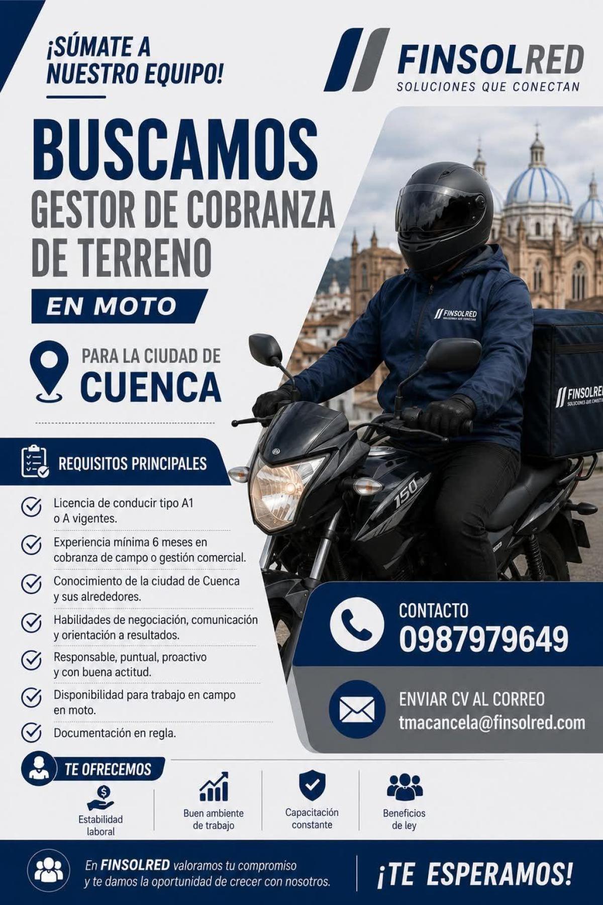 Buscamos: gestor de cobranza de terreno en moto para la ciudad de cuenca. en Azuay