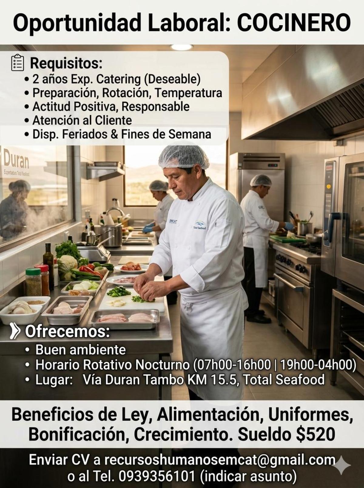 Se requiere cocinero que resida en durán o sus alrededores. en Guayas