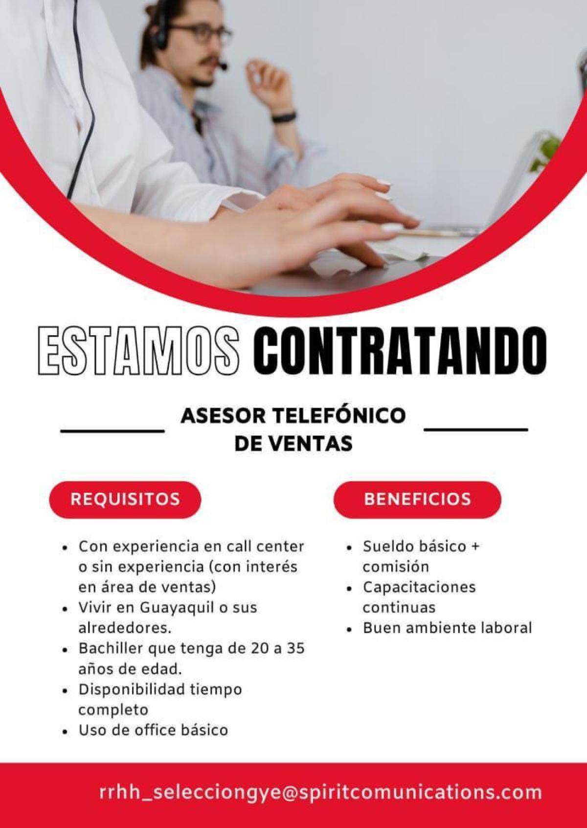 Se necesita asesor de ventas via telefónica en Guayas
