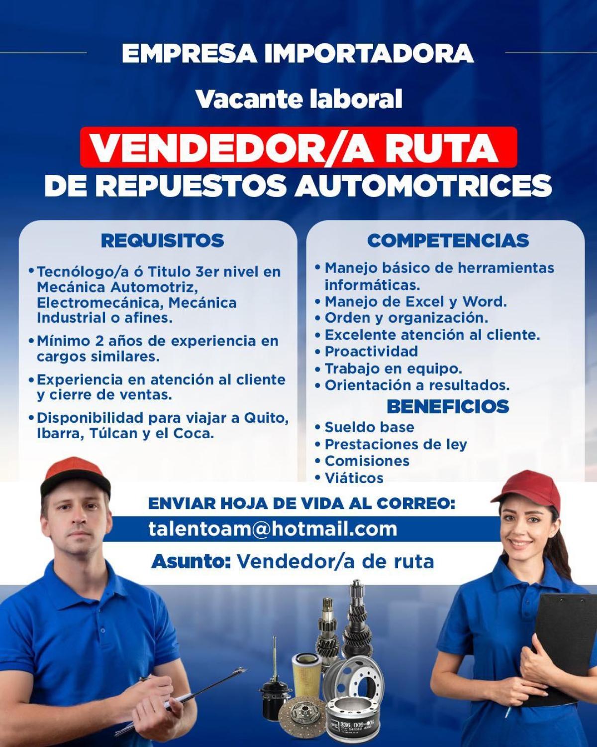 Empresa importadora vacante laboral 🚗 vendedor/a ruta - Tiempo Completo en Pichincha - Foto 1