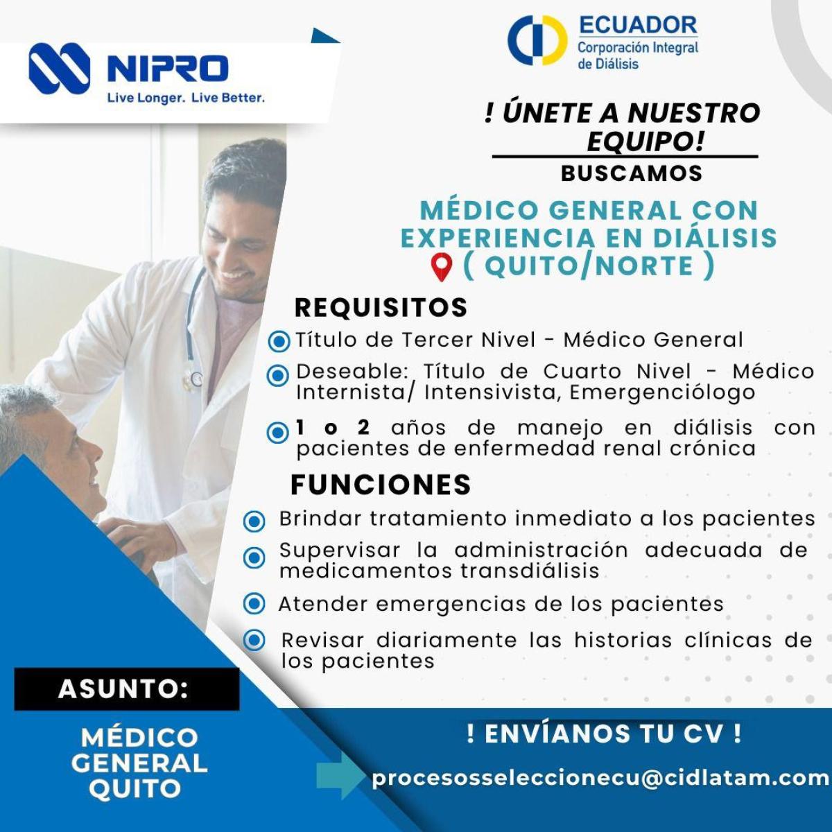 Buscamos médico general con experiencia en diálisis 📍 (quito/norte) en Pichincha