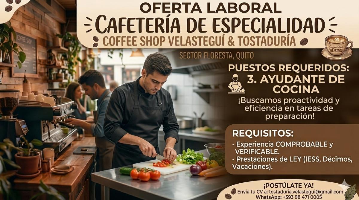 ¡coffee shop velasteguí busca ayudante de cocina! en Pichincha