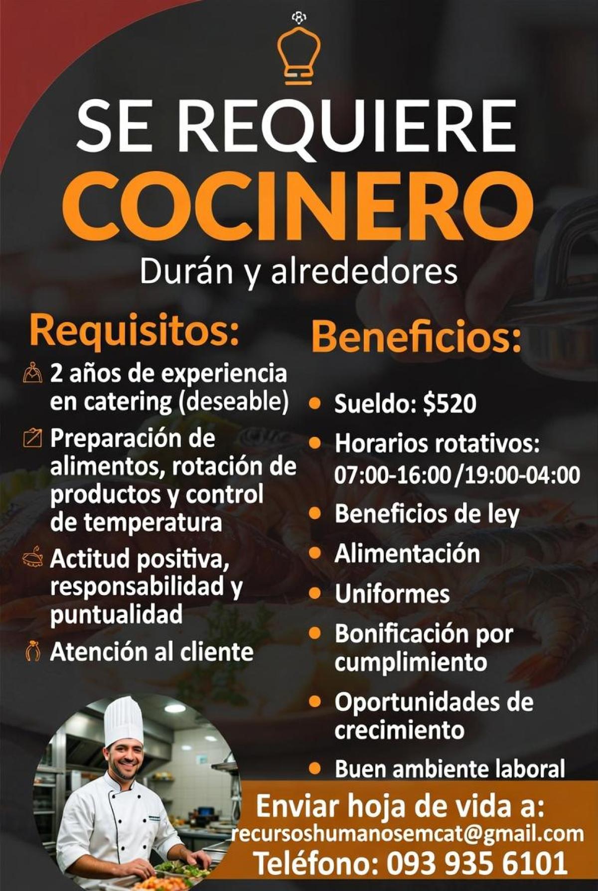Se requiere cocinero en Guayas