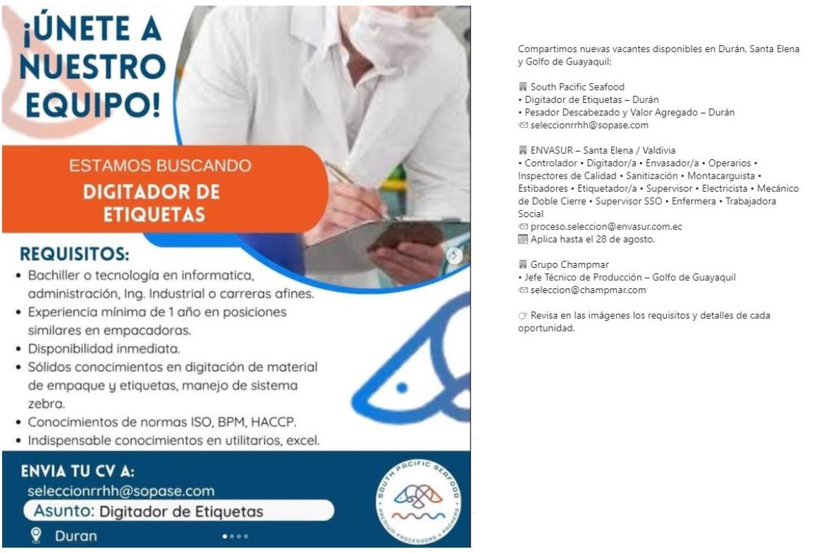 Vacantes disponibles en durán, santa elena y golfo de guayaquil en Guayas