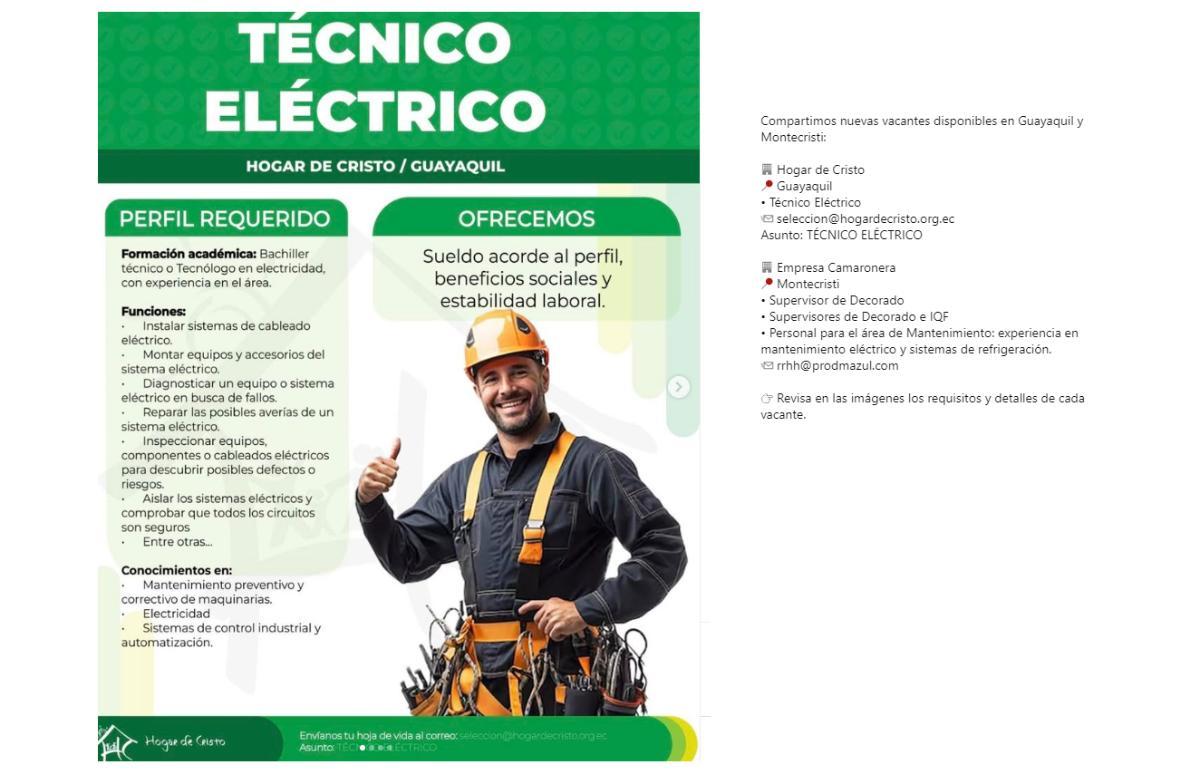 Vacantes disponibles en guayaquil y montecristi en Guayas