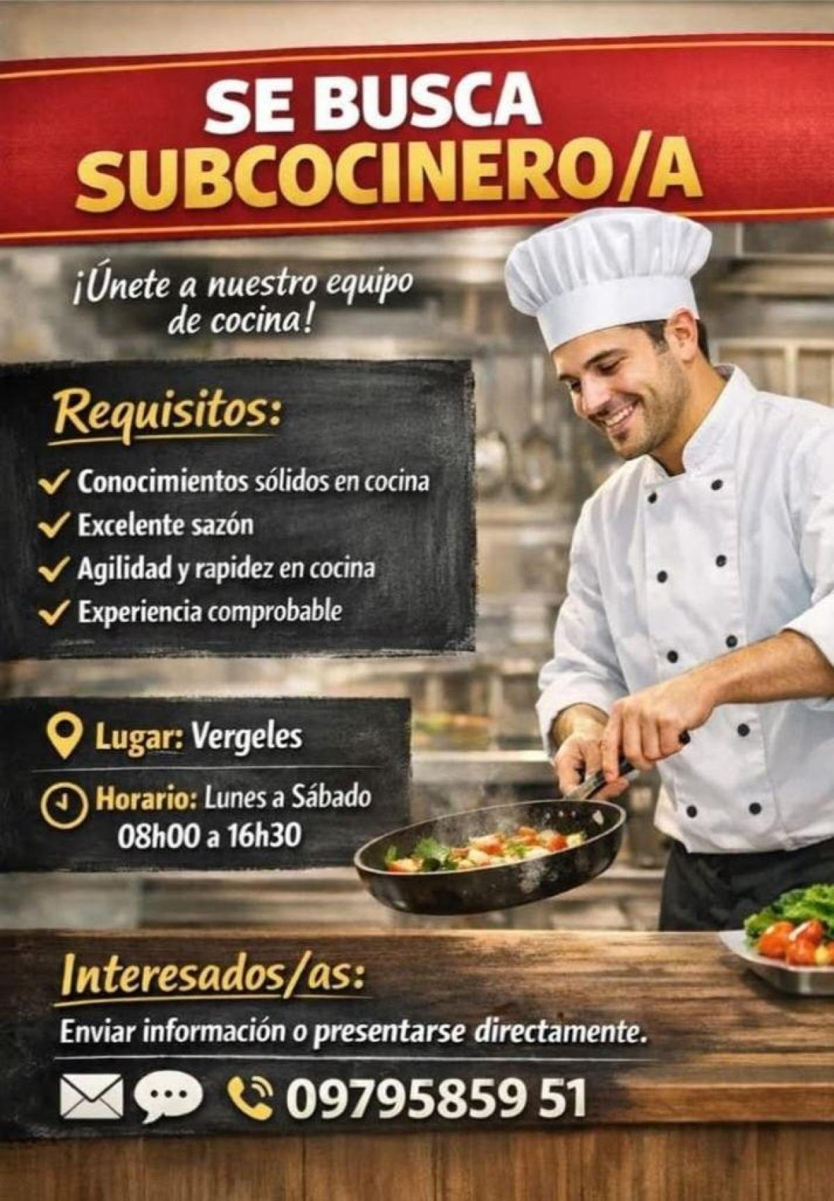 Se busca subcocinero/a ¡únete a nuestro equipo de cocina! en Guayas