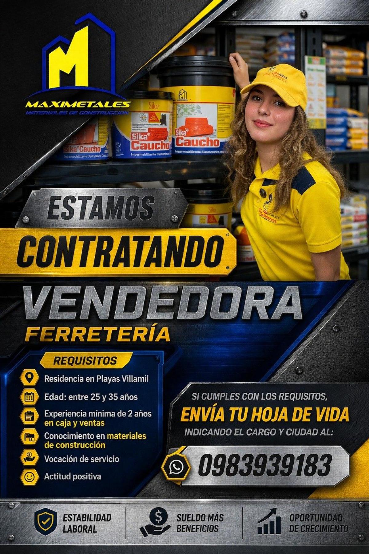 Se busca vendedora para ferretería en Guayas