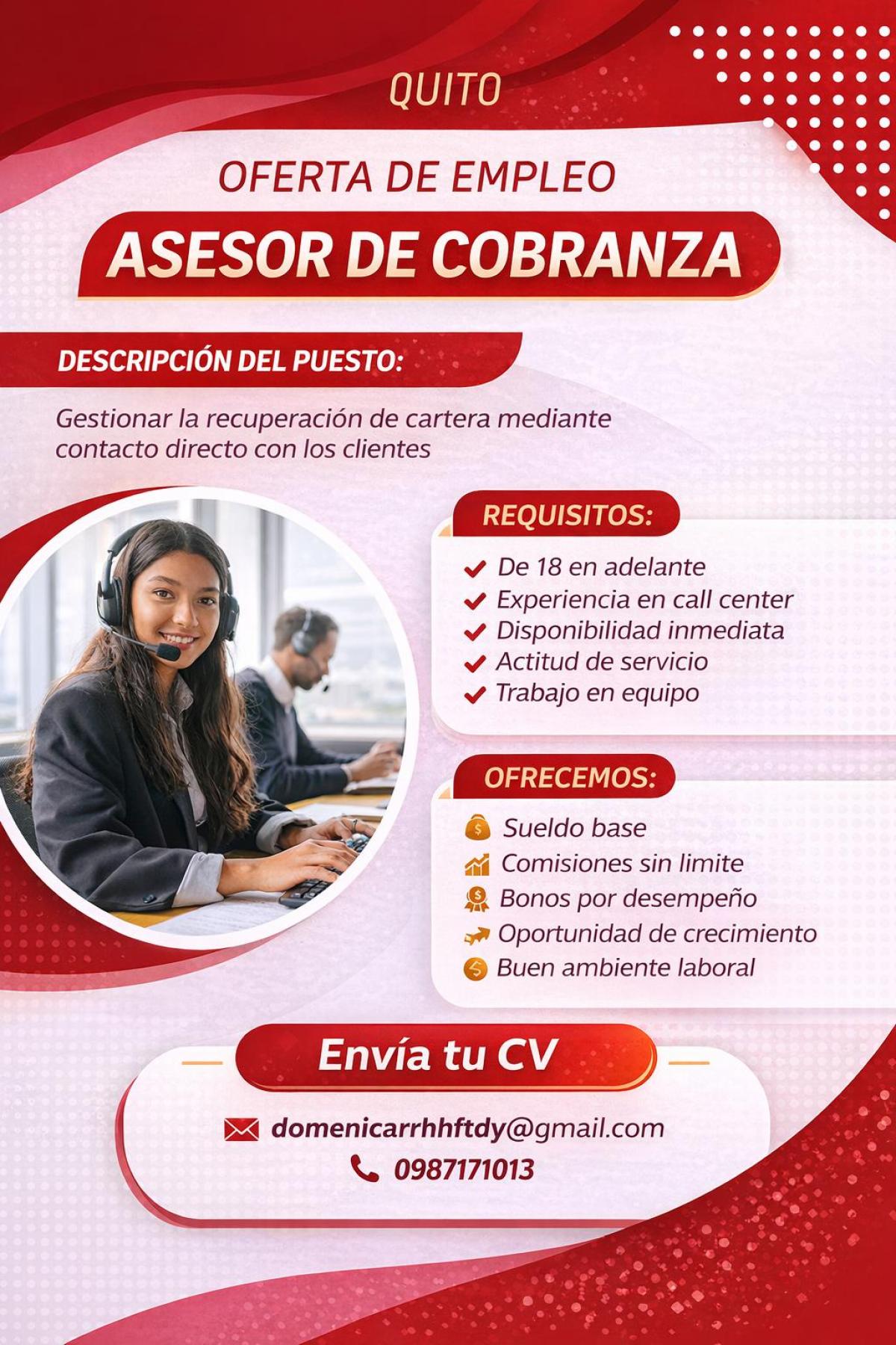 Oferta de empleo asesor de cobranza en Pichincha