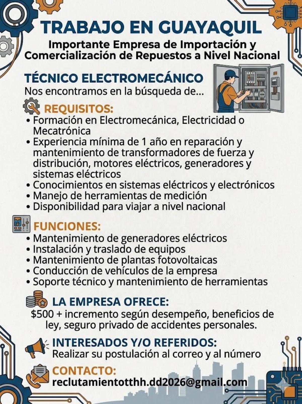 Nos encontramos en la búsqueda de técnico electromecánico en Guayas