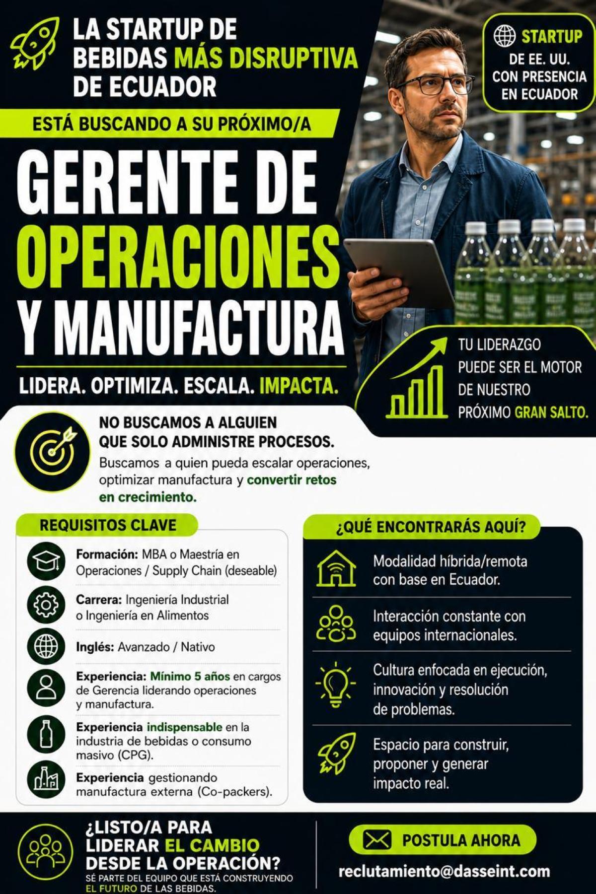 Buscamos gerente de operaciones y manufactura en Pichincha